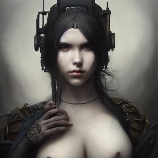 Image similar to By Tom Bagshaw, ultra realist soft painting of an attractive thicc curvy cyberpunk anime female fully body armored, with thin lustrous long hair floating, photorealistic eyes render, looking at camera, curiosities carnival, symmetry accurate features, very intricate details, focus, dark fantasy background black and white