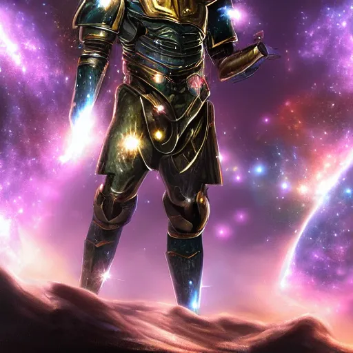 Image similar to photorealistic fantasy cosmic concept art of a cosmic god with armor made out of planets and dark matter, hovering in a unknown galaxy, fully body portrait, cinematic, dynamic lighting, ultra detailed, creative, trending on art station, stunning visuals, creative