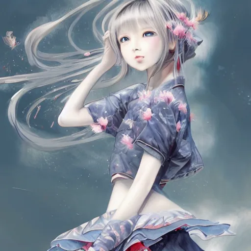 Image similar to dynamic composition, motion, ultra-detailed, incredibly detailed, a lot of details, amazing fine details and brush strokes, colorful and grayish palette, smooth, HD semirealistic anime CG concept art digital painting, watercolor oil painting of a young C-Pop idol girl, by a Chinese artist at ArtStation, by Huang Guangjian, Fenghua Zhong, Ruan Jia, Xin Jin and Wei Chang. Realistic artwork of a Chinese videogame, gradients, gentle an harmonic grayish colors.