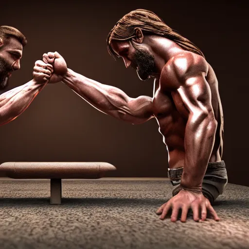 Image similar to jesus christ arm wrestling with the rock johnson, 3 d render, unreal engine, hd, 4 k