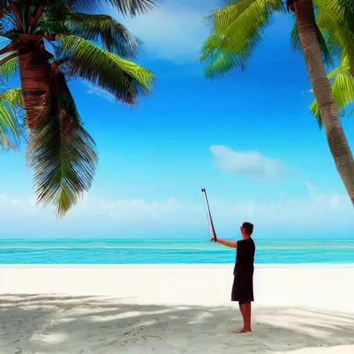 Prompt: violinist on the beach with palm trees blue sky tropical island on horizon