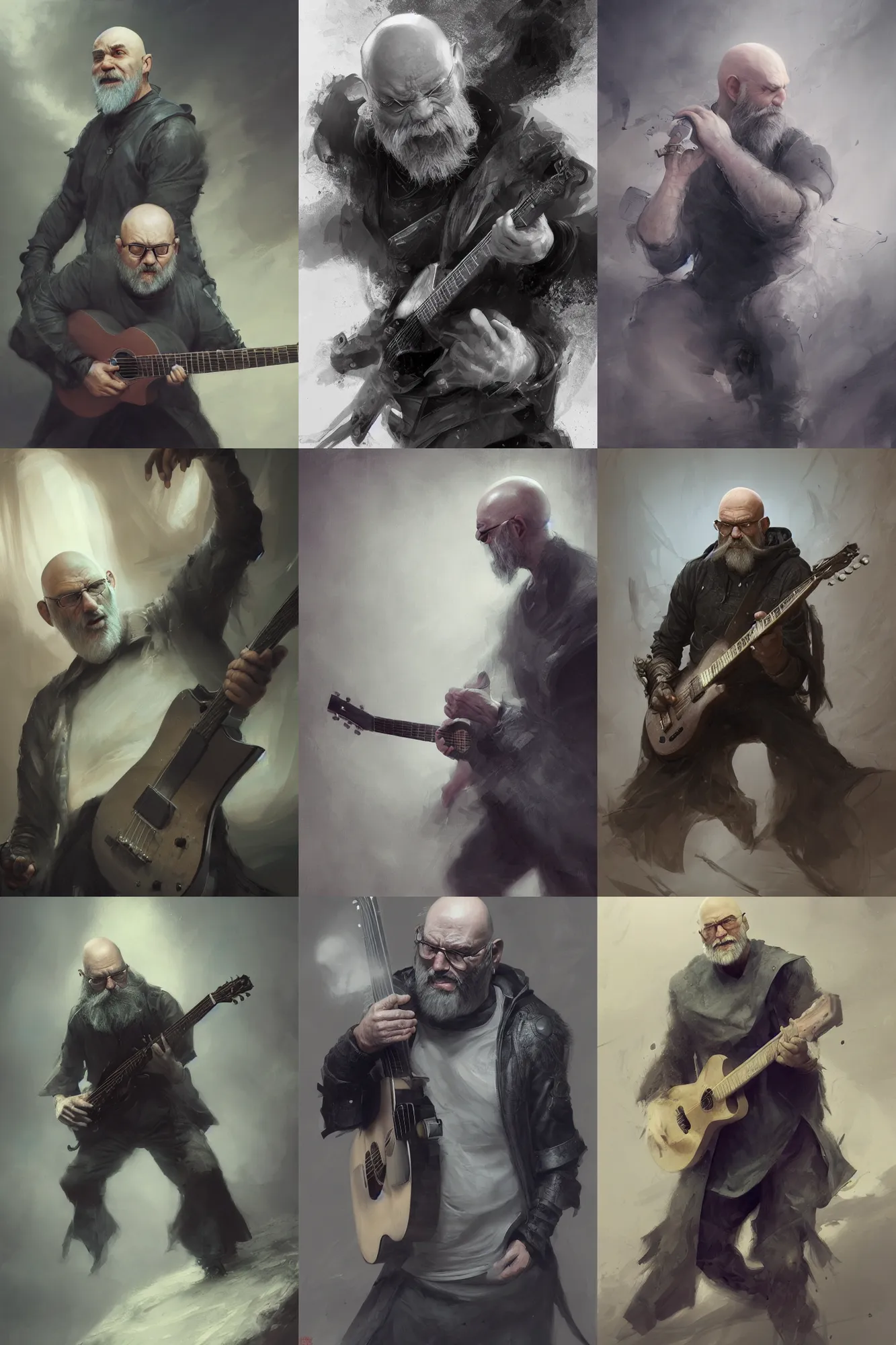 Prompt: a grumpy bald man with a long grey beard playing the guitar, black clothing, 3 d render, hyper - realistic detailed portrait, ruan jia, wlop. scifi, fantasy, magic the gathering, hyper detailed, octane render, concept art, peter mohrbacher