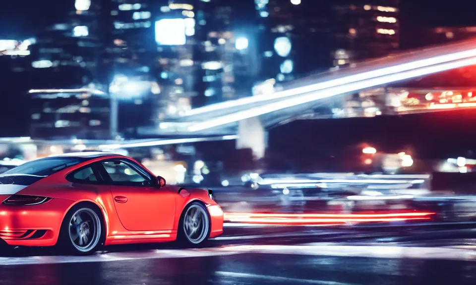 Prompt: photo of a porsche 911 at night driving fast through a city, cinematic, 4k, long exposure photography, tokyo drift, fast and furious, film still, night photography, motion blur, lens flare, movie shot, analog camera