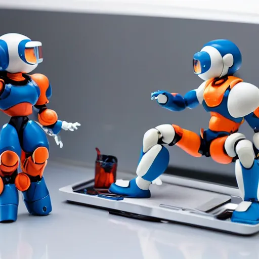 Prompt: photo of figma figures inside a diorama of a laboratory : : a cute humanoid female ball - jointed long - haired robot in the style of mega man is repairing computers, with companion robots.