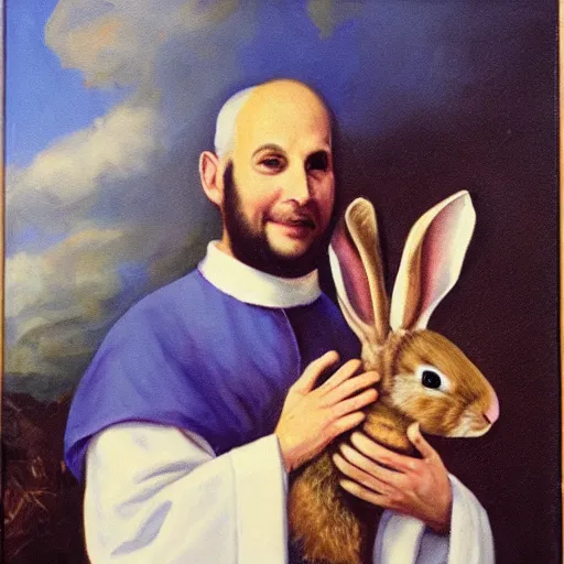 Prompt: priest holding a bunny, bunny has big fangs, priest has ram horns, oil painting