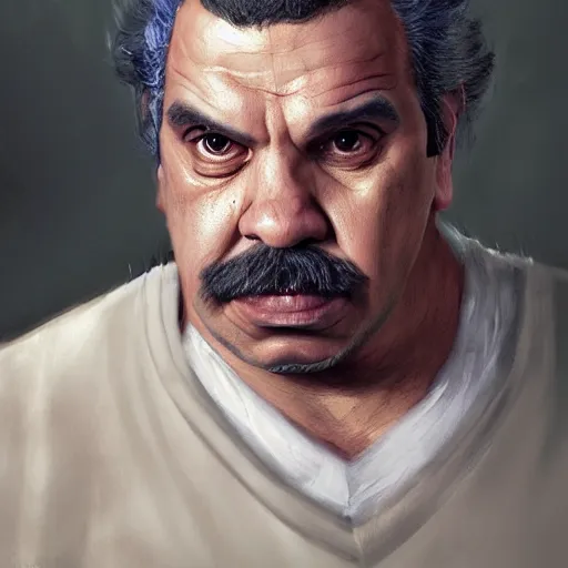 Image similar to hyper realistic, realistic - anime, portrait, beautifully rendered, luis guzman as luigi wearing green, smirking deviously, luigi, luigi's nose, painted by jan van eyck, greg rutkowski, wlop, artgerm, dishonored 2,