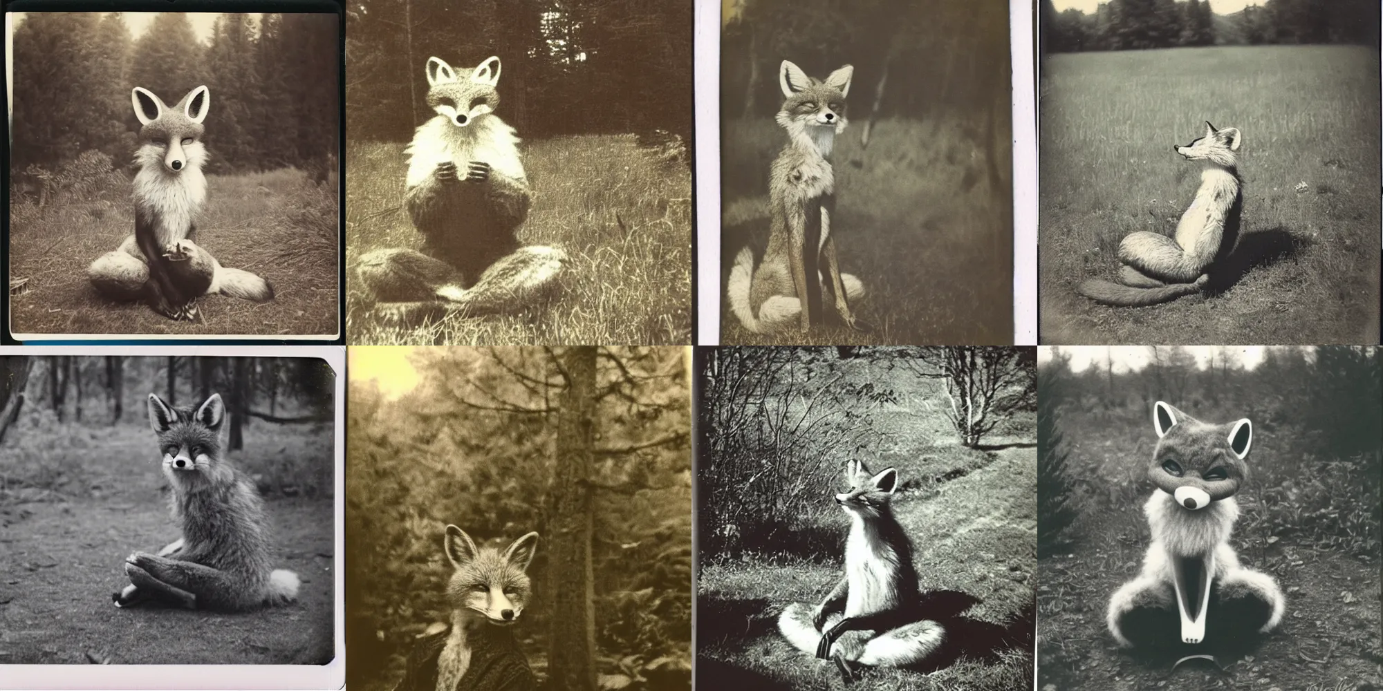 Prompt: old polaroid from 1 9 5 2 depicting an anthropomorphic fox fursuit, fursona, meditating on a clearing, sunny day