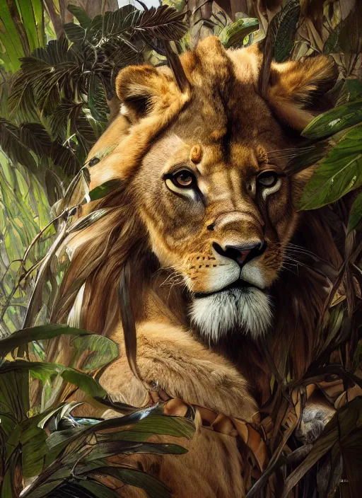 Image similar to perfectly - portrait of a wild huntress living in the jungle wearing a dead lions skin, intricate, highly detailed, digital painting, artstation, concept art, smooth, sharp focus, illustration, unreal engine 5, 8 k, art by artgerm and greg rutkowski and alphonse mucha