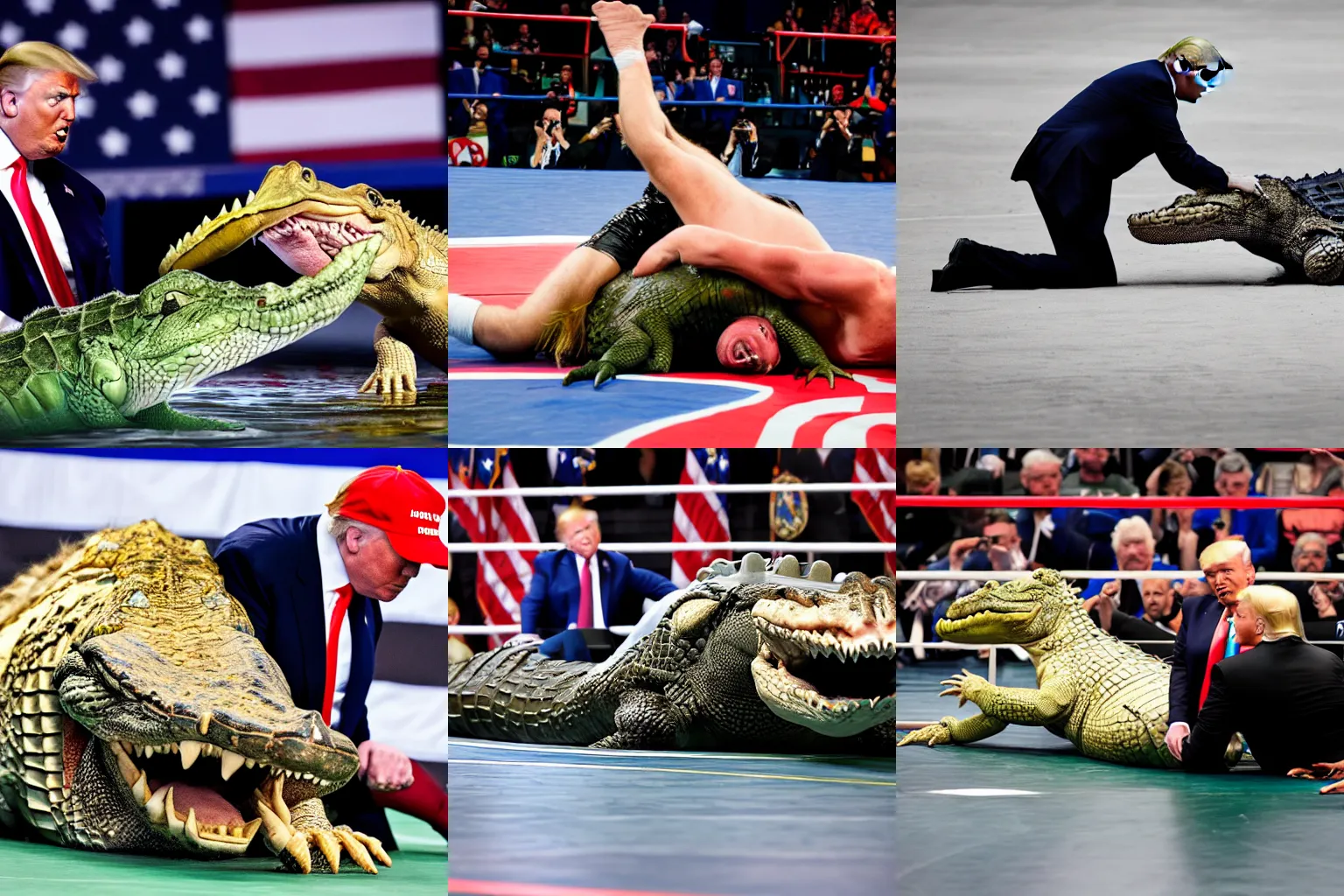 Prompt: donald trump wrestling an alligator, sports photography, very detailed, 4 k,