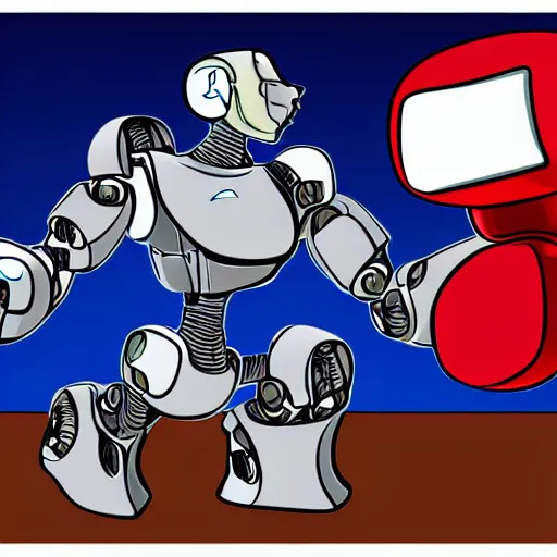 Image similar to digital art of a cartoon robot getting punched in the face from the left side to the right side of the screen
