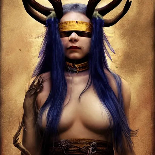 Prompt: A young female shaman, blue hair and antlers on her head, blindfolded, heilung, in the style of Heather Theurer, headshot photoshoot, artstation, made by karol bak