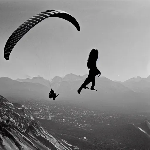 Image similar to extremely realistic photograph of a beautiful woman doing push-ups on a paraglided, 35mm photograph