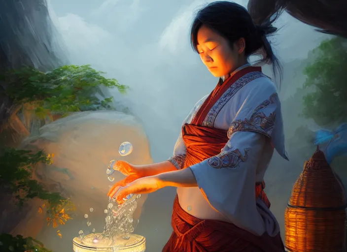 Image similar to full portrait of asian mage merchant doing water magic at her tent. intricate, elegant, highly detailed, digital painting, artstation, concept art, smooth, sharp focus, illustration, by justin gerard and artgerm, 8 k