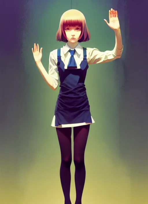 Image similar to full body beautiful and cute and aesthetic school girl greeting, very slightly smiling, wave a hand at the camera, perfect face, symmetric eyes, sharp focus, specular reflection, occlusion shadow, artstation, by ilya kuvshinov and jeremy lipking and quentin mabille, light novel cover art, 3 d epic illustrations, symmetric body