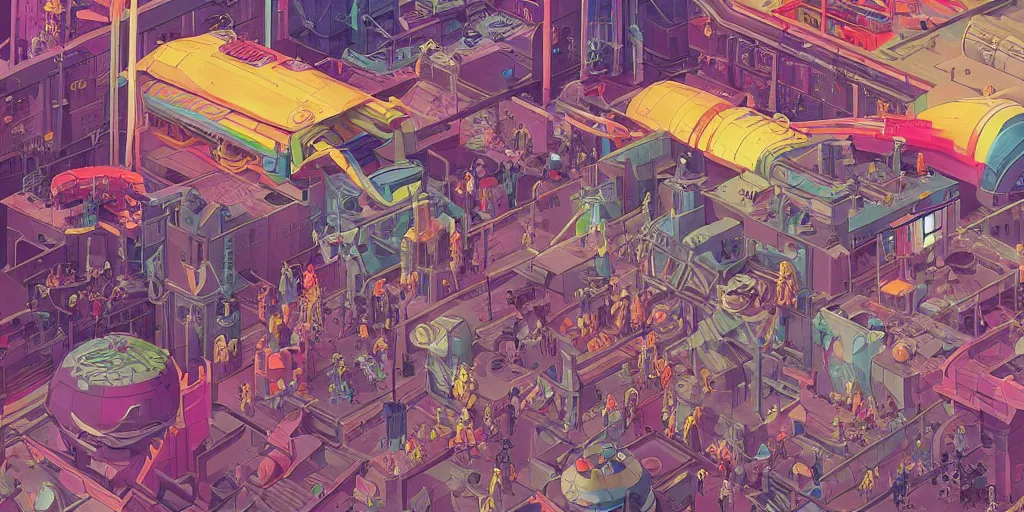 Prompt: a colorful futuristic marketplace, Industrial Star Wars Scifi, detailed illustration, character design, intricate, by Martin Grip, Wes Anderson, hieronymus bosch and Moebius