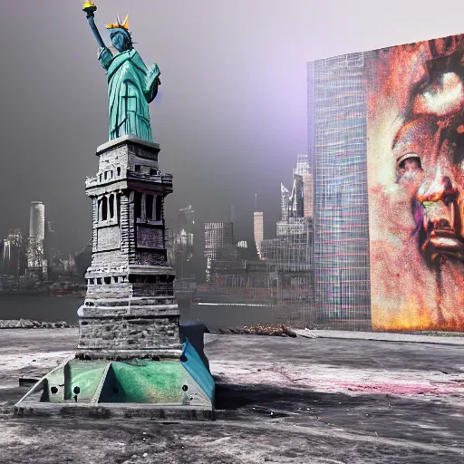 Prompt: statue of liberty spray painted, vandalized, destroyed, post apocalyptic, cinematic lighting, cinema 4 d