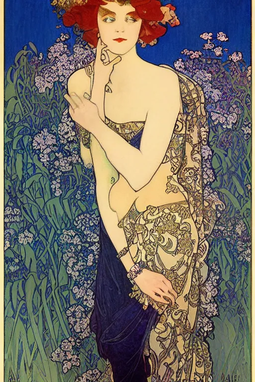 Prompt: art nouveau portrait en buste of flapper girl annasophia robb by Alphonse Mucha, by Aubrey Beardsley, by Gustav Klimt, by Maxfield Parrish, by Gerda Wegener, by Henri de Toulouse-Lautrec, bold moody colors, flamboyant clothes, bright gothic, roaring twenties