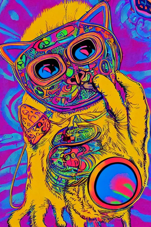 Image similar to cat in a VR helmet, 1969 psychedelic art poster, san francisco, hippie style, screen print poster