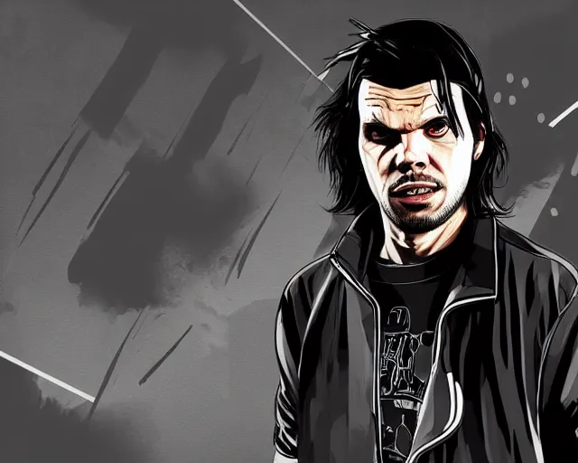 Image similar to Orelsan GTA V loading screen illustration in the style of Stephen Bliss, Orelsan very detailed illustration, Orelsan trending on artstation, Orelsan trending on deviantart, symmetrical face Orelsan