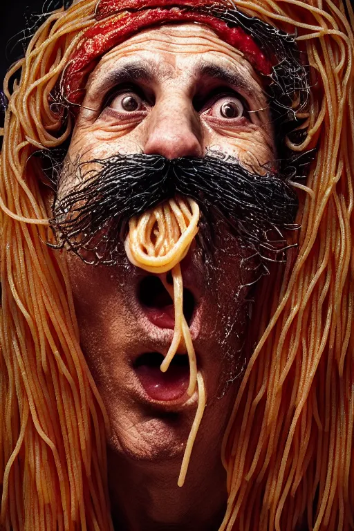 Image similar to extremely detailed portrait of old italian cook, spaghetti mustache, slurping spaghetti, spaghetti in the nostrils, spaghetti hair, spaghetti beard, huge surprised eyes, shocked expression, scarf made from spaghetti, full frame, award winning photo by michal karcz and yoshitaka amano