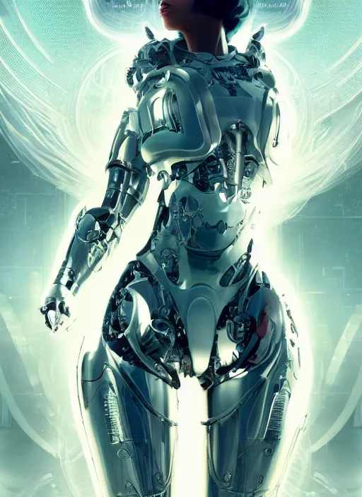 Prompt: cyborg arctic queen, polished rtx weta movie poster | the face of beautiful, grand, rich, soft, crisp, atmospheric, enticing rihanna | edm cosmic bumblebee | an ultrafine hyperrealistic illustration by artgerm and mucha and beeple : : intricate linework, final fantasy, octane render, global illumination, radiant light, intricate environment, sharp focus