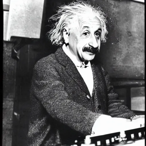 Image similar to photo of albert einstein as a dj behind the dj decks in the club with headphones on and in a cool pose