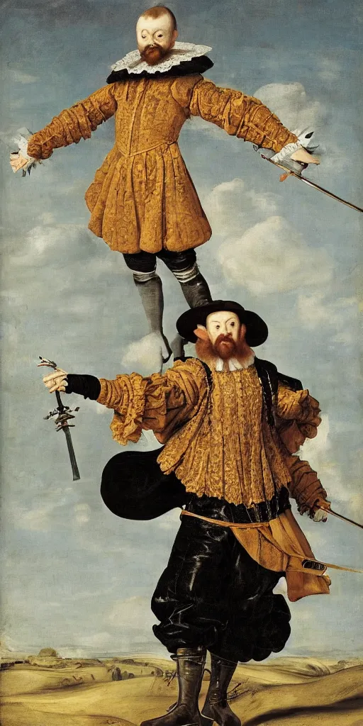 Image similar to faceless man flies over a landscape, he is wearing a comedy mask, he is wearing elizabethan boots and ruff, he carries a broadsword in his left hand, painted by frans hals, dramatic theater lighting