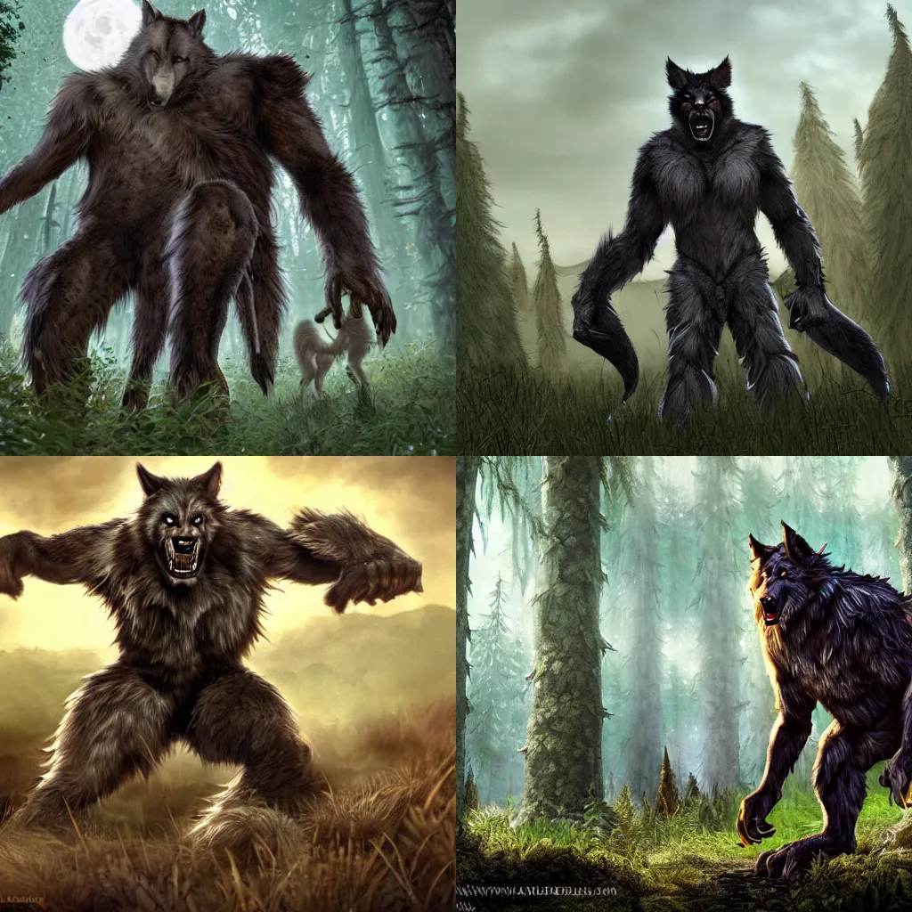 Prompt: furry anthro epic cinematic full body realistic werewolf from Van Helsing extremely detailed fur forest in background