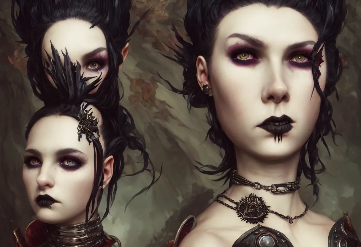 Image similar to beautiful extreme closeup portrait, goth girl, piercings collar, mohawk hairstyle, medieval dress. witch, makeup. unreal engine, greg rutkowski, loish, rhads, beeple, tom bagshaw, alphonse mucha, global illumination, detailed and intricate environment