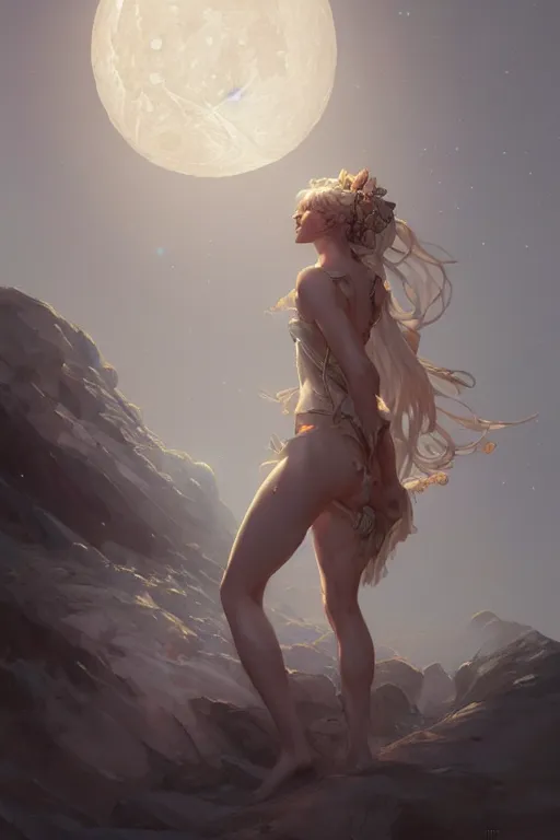 Image similar to goddess of the moon, highly detailed, digital painting, artstation, concept art, smooth, sharp focus, illustration, unreal engine 5, 8 k, art by artgerm and greg rutkowski and edgar maxence