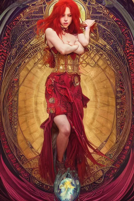 Image similar to a full body tarot card of the red haired tjocc empress of eternity, space, universe, portrait, highly detailed, deep focus, elegant, digital painting, smooth, sharp focus, illustration, ultra realistic, 8 k, art by artgerm and alphonse mucha