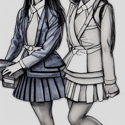 Prompt: a perfect, realistic professional digital sketch of two funny Japanese schoolgirls posing, in style of Marvel, full length, by pen and watercolor, by a professional American senior artist on ArtStation, a high-quality hollywood-style sketch, on high-quality paper