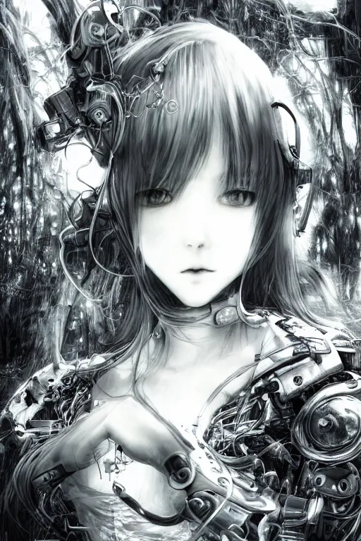 Image similar to a vertical portrait of a character in a scenic environment by Yoshitaka Amano, black and white, dreamy, cybernetic suit, wavy long black hair, highly detailed