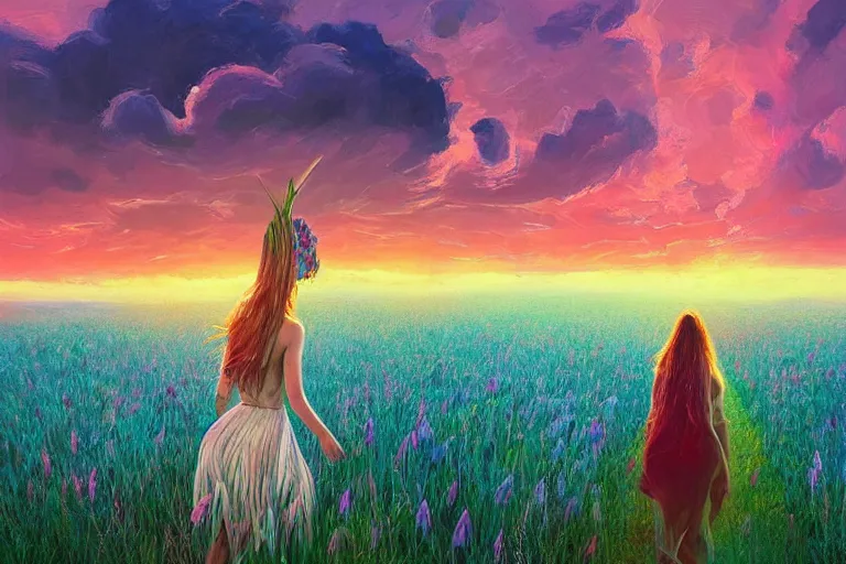 Image similar to giant gladiola head, girl walking in field of flowers, surreal photography, sunrise, blue sky, dramatic light, impressionist painting, digital painting, artstation, simon stalenhag