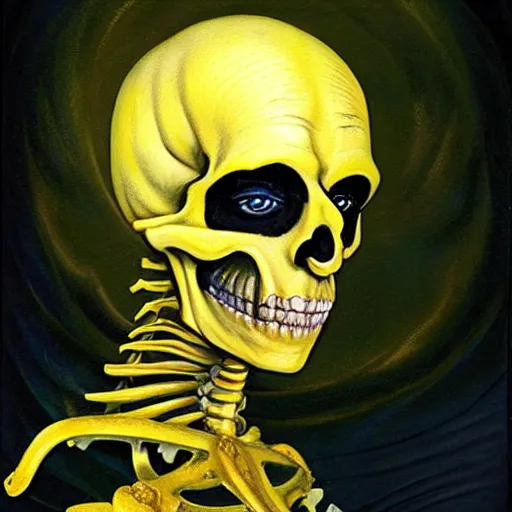 Image similar to ( ( ( head and shoulders portrait of a skeletal yellow skinned bald githyanki warrior in a breastplate, floating in the astral plane ) ) ), dave mckean, hr giger, peter mohrbacher, d & d, fantasy, medieval
