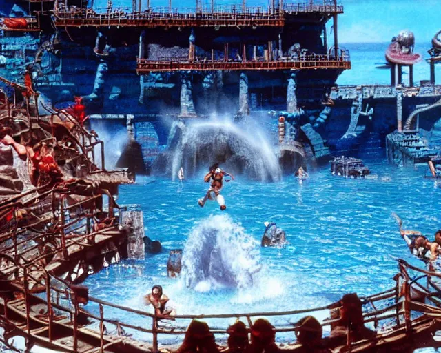 Prompt: a still of a photo real life empty Ken's stage from Street Fighter II in the movie Waterworld (1995), HDR, high quality, 8k, highly detailed and intricate,