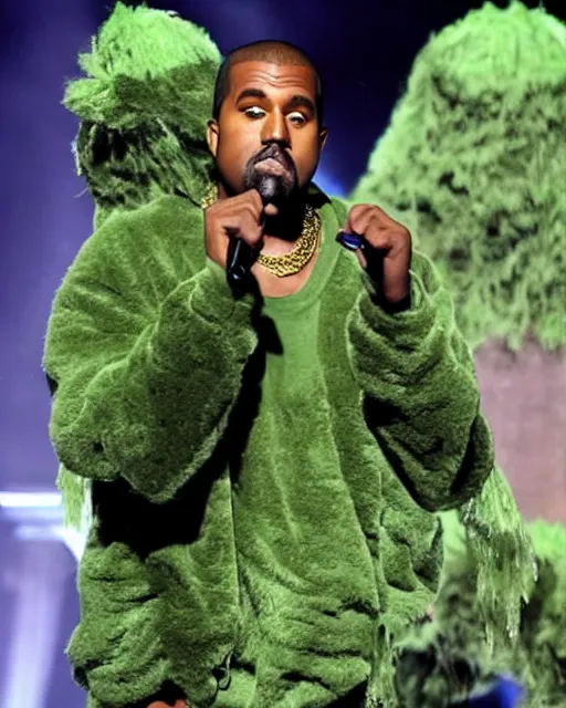 Image similar to kanye rapping on stage but he's covered in green slime