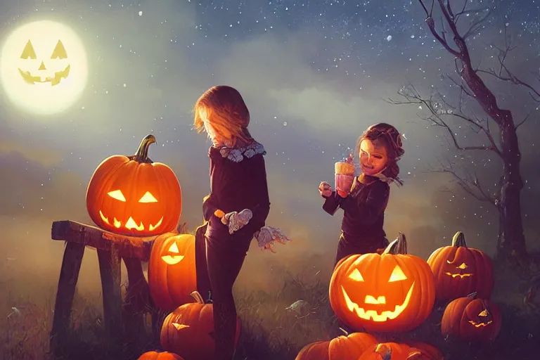 Prompt: portrait of halloween trick or treaters, star filled night sky neightborhood with pumpkins background, charlie bowater, artgerm, ilya kuvshinov, krenz cushart, ruan jia, realism, ultra detailed, 8 k resolution