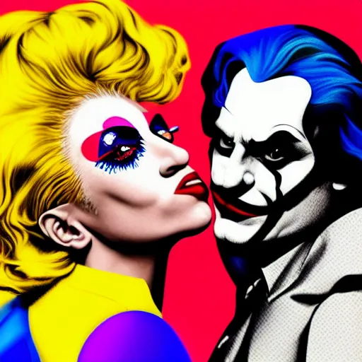 Image similar to richard hamilton and mimmo rottela as lady gaga harley queen and joaquin phoenix joker kissing, pop art, medium long shot, 2 color, random content position, object details, dynamic composition, 4 k, ultra realistic art, smooth, sharp focus, illustration, concept art, intricate details, h 7 6 8