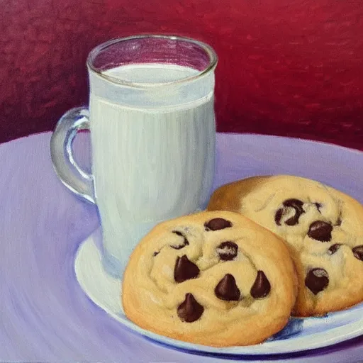 Prompt: a painting of plate of chocolate chip cookies and a glass of milk, a still life by juliette wytsman, featured on deviantart, american impressionism, rich color palette, neo - fauvism, acrylic on canvas