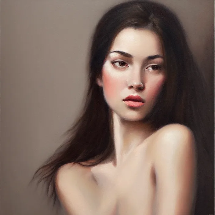 Image similar to alla prima portrait oil painting of young woman with lush dark hair and no makeup, dark beige grey background, lights and shadows, sensual, beautiful composition, hyperrealistic