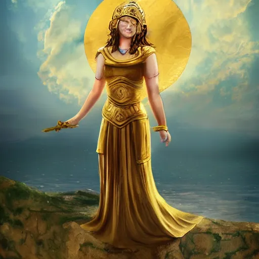 Image similar to young ancient greek woman in golden helmet, a floating pantheon palace in the sky, clouds background, island floating in the sky, epic fantasy style art, fantasy epic digital art