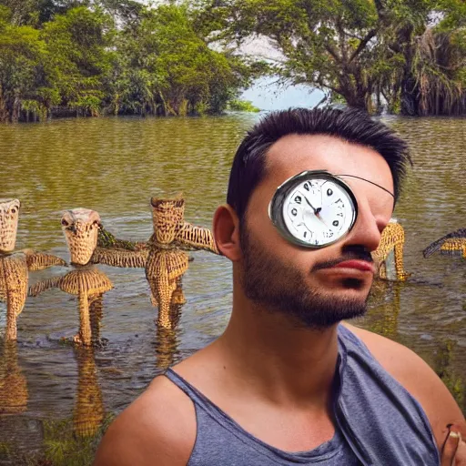 Image similar to man's face with clocks covering his eyes, looking at the camera walking near lake with crocodiles, high detail, soft lighting, intricate, 8 k