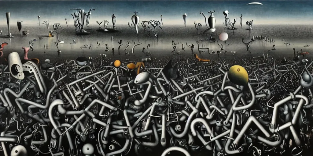 Image similar to disease decimating a global population, animals ruling the world, detailed surrealist painting by yves tanguy