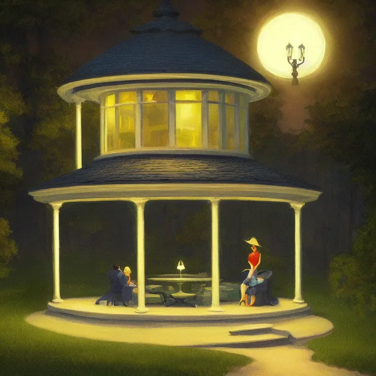 Image similar to a storybook illustration of a beautiful cozy moonlit gazebo, fireflies, quiet night foggy scene painted by Edward Hopper masterpiece, intricate, elegant, fantasy, highly detailed, digital painting, concept art, sharp focus, artstation