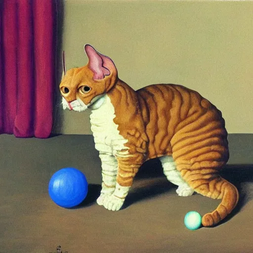 Image similar to painting of a devon rex, cornish rex cat playing with a ball of yarn, magritte