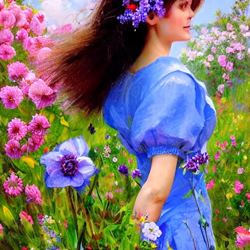 Image similar to a portrait of a romantic woman with flowers grow out of hair, roses peonies forget-me-nots dahlias lupins gladioli, sky theme in background, by Alexandr Averin, Digital Art, Trending on artstation