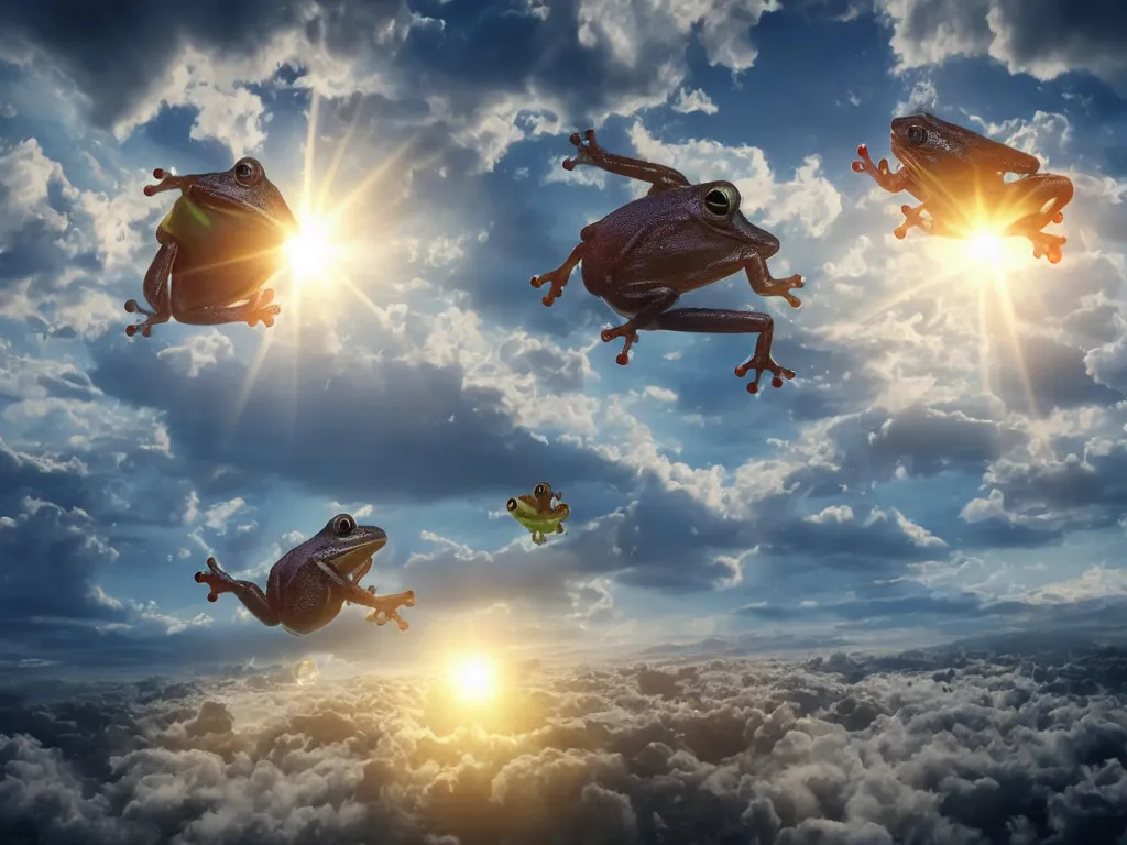 Prompt: frogs floating on clouds 8 k ultra realistic, lens flare, atmosphere, glow, detailed, intricate, full of color, cinematic lighting, trending on artstation, 4 k, hyper realistic, focused, extreme details, unreal engine 5, cinematic, masterpiece, wallpaper