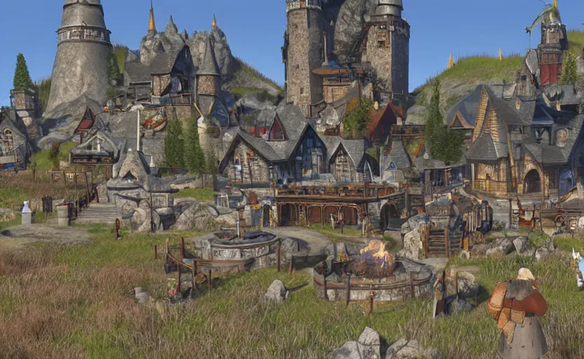 Image similar to whiterun in the style of pixar, disney, animated, cartoon, 3 d cgi