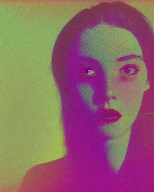 Prompt: futuristic woman's face, blank expression, violet and yellow and green lighting, polaroid photo, atmospheric, whimsical and psychedelic, grainy, expired film, super glitched, corrupted